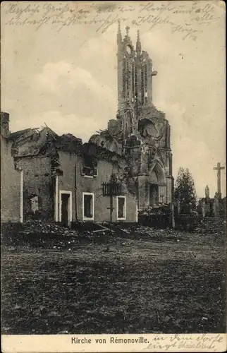 Ak Remenoville Meurthe et Moselle, Kirche, Kriegszerstörung 1. WK