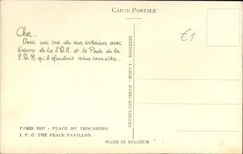 Ak Paris XVI Trocadéro, I. P. C. the Peace Pavillon