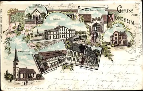 Litho Monsheim in Rheinhessen, Neues Schloss, Altes Schloss, Post, Bahnhof, Ev. Kirche, Schlosstor