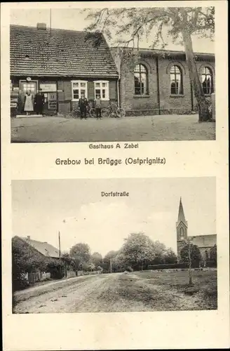 Ak Brügge Halenbeck Rohlsdorf Prignitz, Gasthaus A. Zabel, Dorfstraße, Kirche