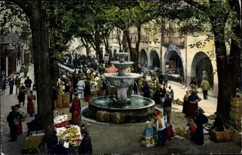 Ak Grasse Alpes Maritimes, La Place aux Aires, le Marche, Marktplatz, Brunnen