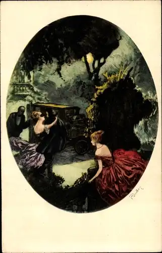 Künstler Ak Frau mit Maske in Umarmung mit einem Mann