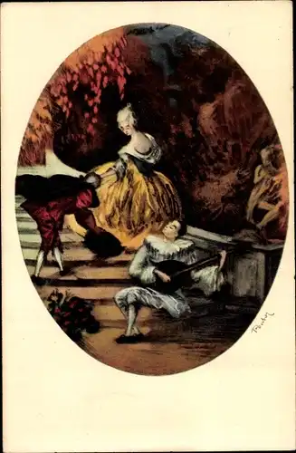 Künstler Ak Dame am Hof, Aufwartung des Kavaliers, Pierrot spielt Laute