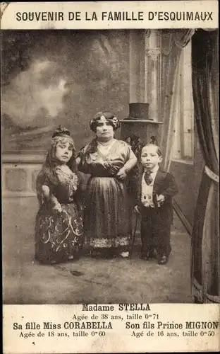 Ak Souvenir de la Famille d'Esquimaux, Madame Stella, Miss Corabella, Prince Mignon, Liliputaner