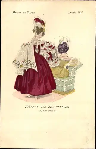 Ak Mode de Paris 1834, Journal des Demoiselles, Rue Drouot, zwei elegante Damen
