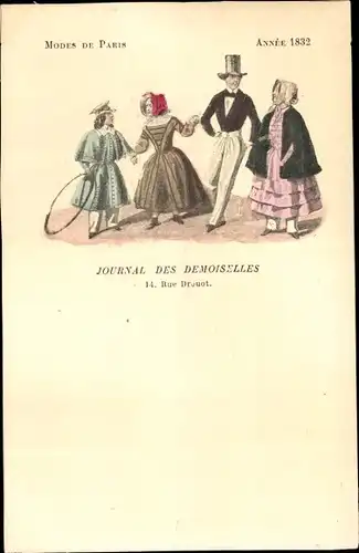 Ak Mode de Paris 1832, Journal des Demoiselles, Rue Drouot, Familie beim Spaziergang