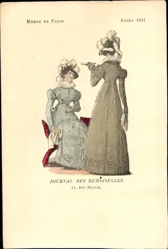 Ak Mode de Paris 1821, Journal des Demoiselles, Rue Drouot, zwei Damen