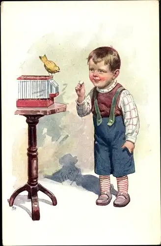 Künstler Ak Feiertag, K., Kind und Vogel, Käfig, Futter