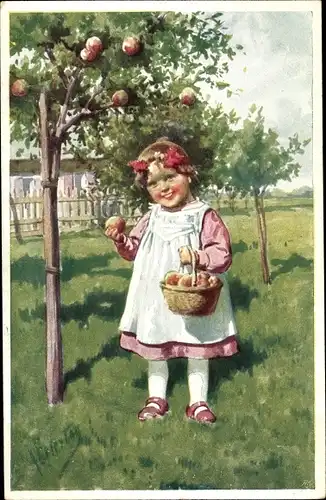 Künstler Ak Feiertag, Karl, Mädchen mit Früchten, Korb, Obstbäume