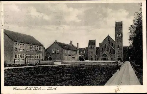 Ak Huizum Friesland Niederlande, R.K. Kerk m. School