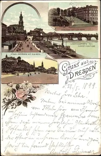 Litho Dresden Altstadt, Landungsplatz mit Augustusbrücke, Königl. Belvedere, Brühlsche Terrassen