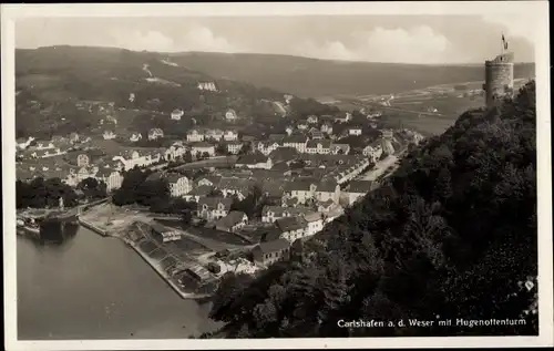 Ak Bad Karlshafen an der Weser, Panorama mit Hugenottenturm