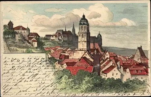 Künstler Litho Voigt, Georg, Meißen Sachsen, Blick auf Häuser und Kirchturm