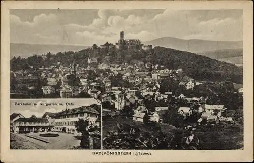 Ak Königstein im Taunus, Panorama, Burg, Parkhotel und Kurgarten mit Café