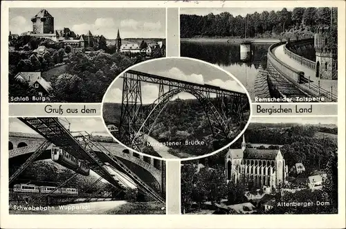 Ak Remscheid im Bergischen Land, Totale, Talsperre, Schwebebahn, Schloss Burg, Müngstener Brücke