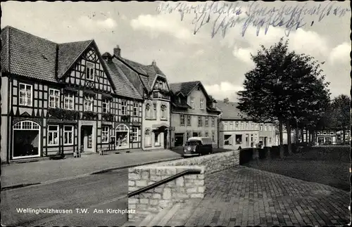 Ak Wellingholzhausen Melle in Niedersachsen, Kirchplatz, VW Bus, Fachwerkhäuser