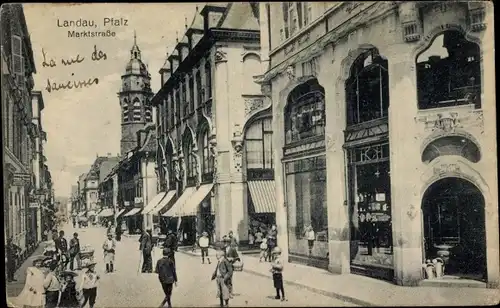 Ak Landau in der Pfalz, Blick in die Marktstraße, Geschäfte und Passanten, Turm