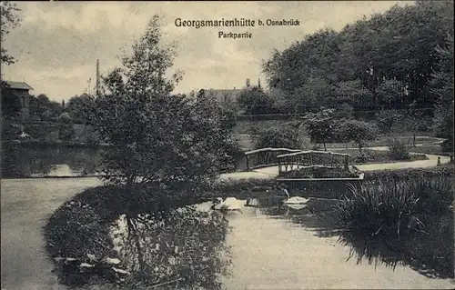 Ak Georgsmarienhütte in Niedersachsen, Parkpartie, Brücke, Schwäne, Gewässer