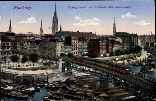 Ak Hamburg Mitte Altstadt, Rödingsmarkt, Hochbahn, Hafen, Vogelschau, Kirchtürme