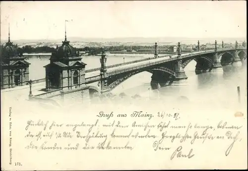 Ak Mainz am Rhein, Brücke, Brückenpfeiler, Brückenhäuser