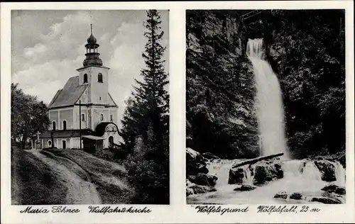 Ak Międzygórze Wölfelsgrund Schlesien, Wölfelsfall, Kirche Maria Schnee