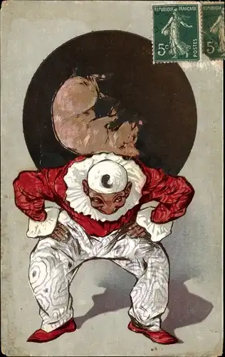 Ak Mann in Karneval-Kostüm mit Schwein auf dem Rücken