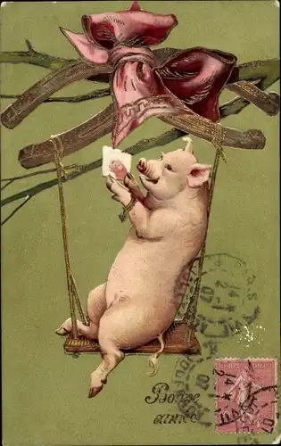 Präge Ak Glückwunsch Neujahr, Schwein beim Schaukeln, Brief, Schleife, Hufeisen