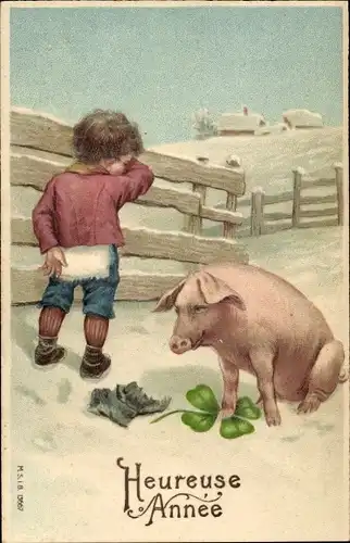 Ak Glückwunsch Neujahr, Schwein, Weinendes Kind, Glücksklee, Hose