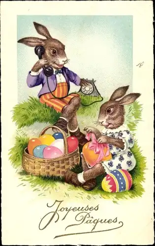 Ak Glückwunsch Ostern, Zwei Osterhasen, Telefon, Ostereier