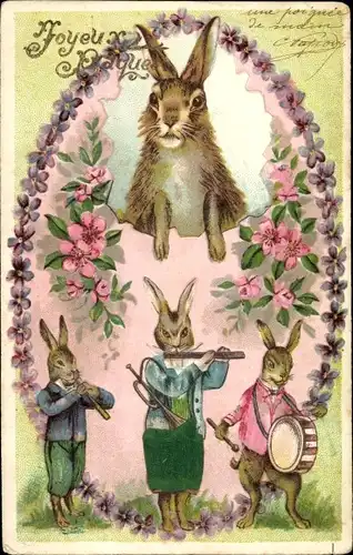 Präge Litho Glückwunsch Ostern, Osterhasen spielen Musikinstrumente, Blumen
