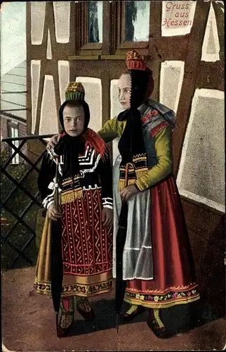 Ak Zwei Mädchen in bunter hessischer Tracht