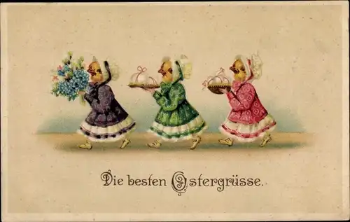 Ak Glückwunsch Ostern, Gekleidete Küken mit Geschenken