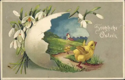Präge Ak Glückwunsch Ostern, Küken, Schneeglocken, Eierschale