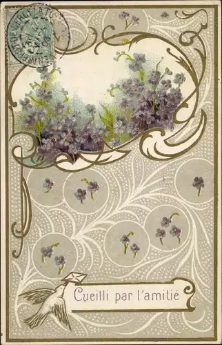 Präge Ak Cueilli par l'amitie, Taube, Veilchen, Kitsch