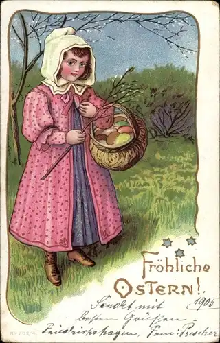 Litho Glückwunsch Ostern, Frau mit Korb, Ostereier, Weidenkätzchen