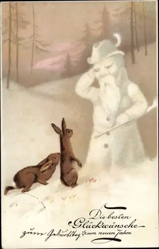 Ak Glückwunsch Neujahr, Hasen, Weißer Mann, Hut, Gehstock, Wald, Winterszene