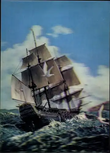 3 D Ak Segelschiff auf See, Dreimaster, Möwen