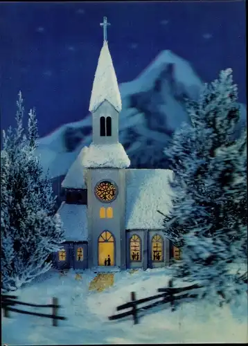 3-D Ak Kirche in verschneiter Landschaft