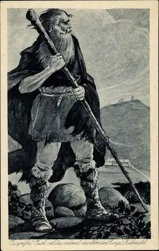 Ak Rübezahl mit Gehstock, Suste nischt, ock heem, Riesengebirge