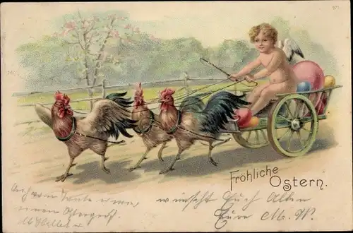 Litho Glückwunsch Ostern, Hähne ziehen Karren mit Engel und Eiern
