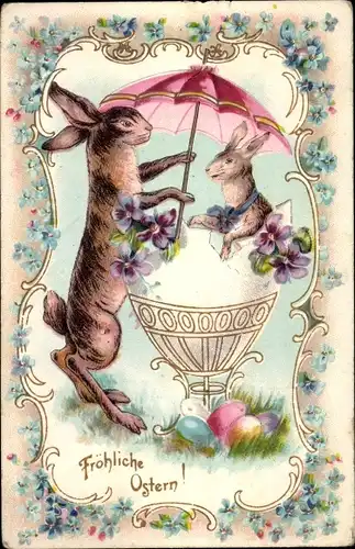 Litho Glückwunsch Ostern, Hasen, Ostereier, Vergissmeinnicht