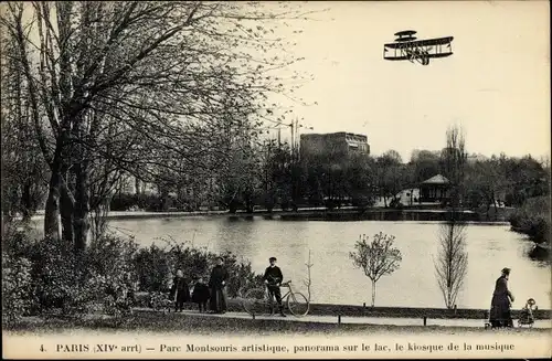 Ak Paris XIV Observatoire, Parc de Montsouris, Panorama sur le lac, le Kiosque de la Musique