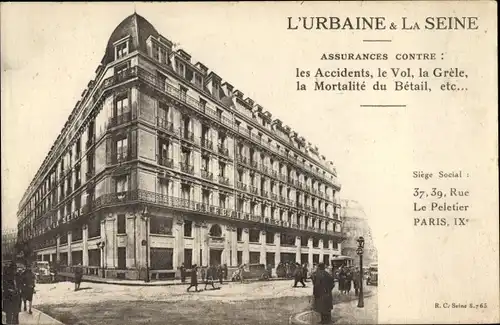 Ak Paris Opéra, L'Urbaine & La Seine, Assurances, Rue Le Peletier, 37, 39