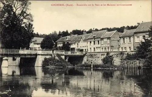 Ak Cocherel Eure, le Pont et les Maisons environnantes