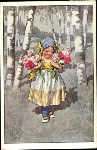 Künstler Ak Feiertag, Karl, Mädchen mit Blumen, Wald, Birken