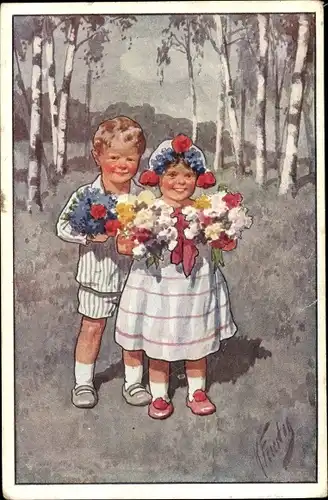 Künstler Ak Feiertag, Karl, Kinder mit Blumen, Wald, Birken