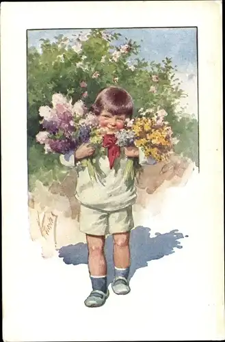 Künstler Ak Feiertag, Karl, Kind mit Blumensträußen