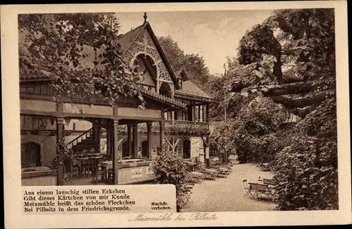 Ak Dresden Pillnitz, Meixmühle im Friedrichsgrund, Gedicht, Terrasse