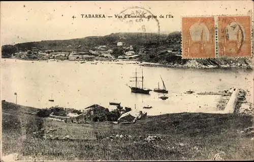 Ak Tabarca Tabarka Tunesien, Vue d'ensemble prise de l'Ile, Segelschiff, Landungssteg