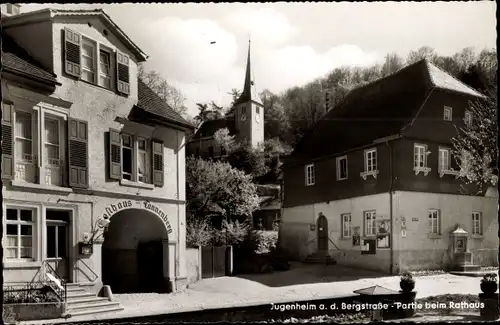 Ak Jugenheim an der Bergstrasse Hessen, Partie beim Rathaus, Gasthaus Tannenberg, Kirchturm